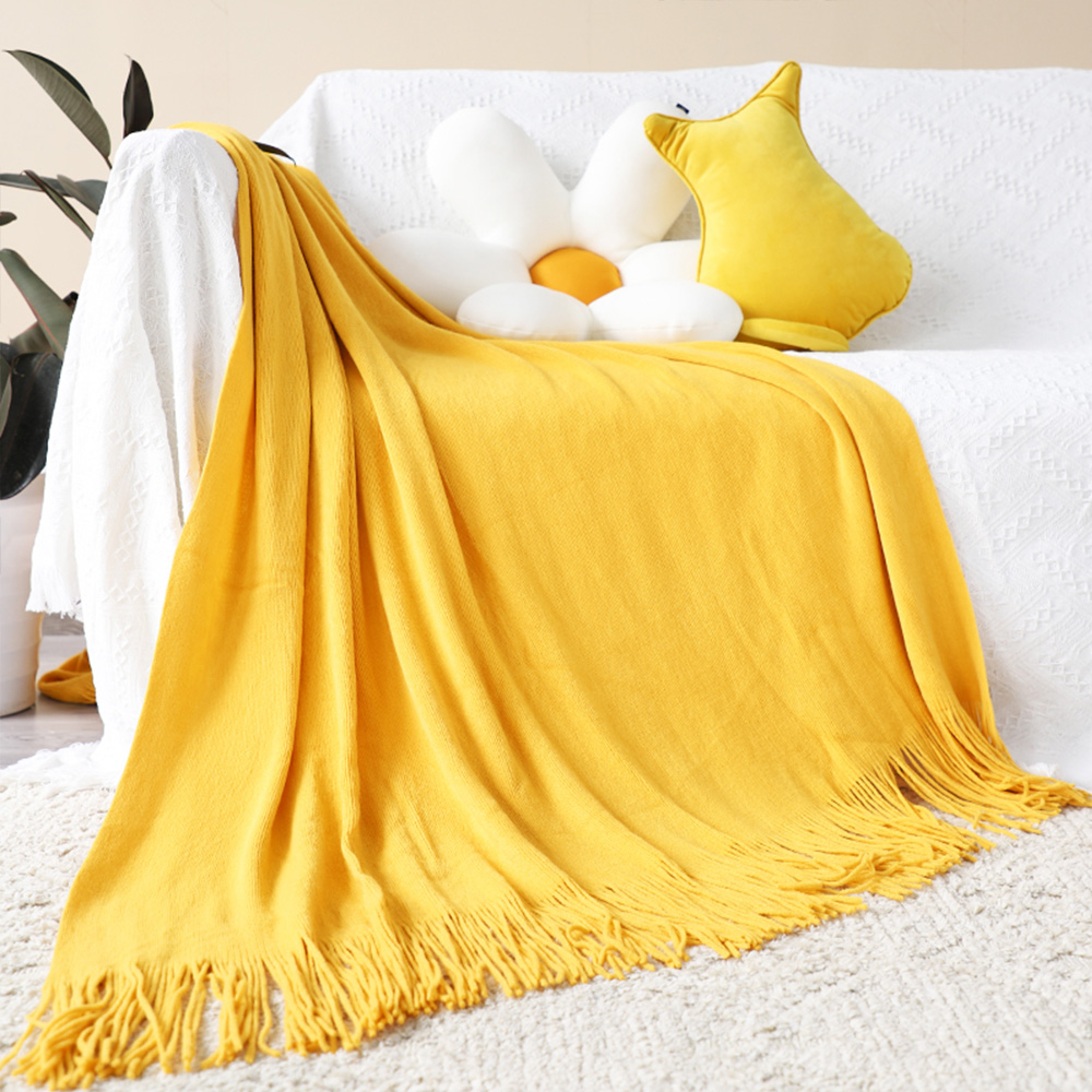 Soga Yellow Acrylic Knitted Throw Blanket Solid Fringed Warm Cozy Woven Cover Couch Bed Sofa Home Decor, Home, Bed Linen, Throws And Blankets, Blankets, ,  - Nz Depot 3