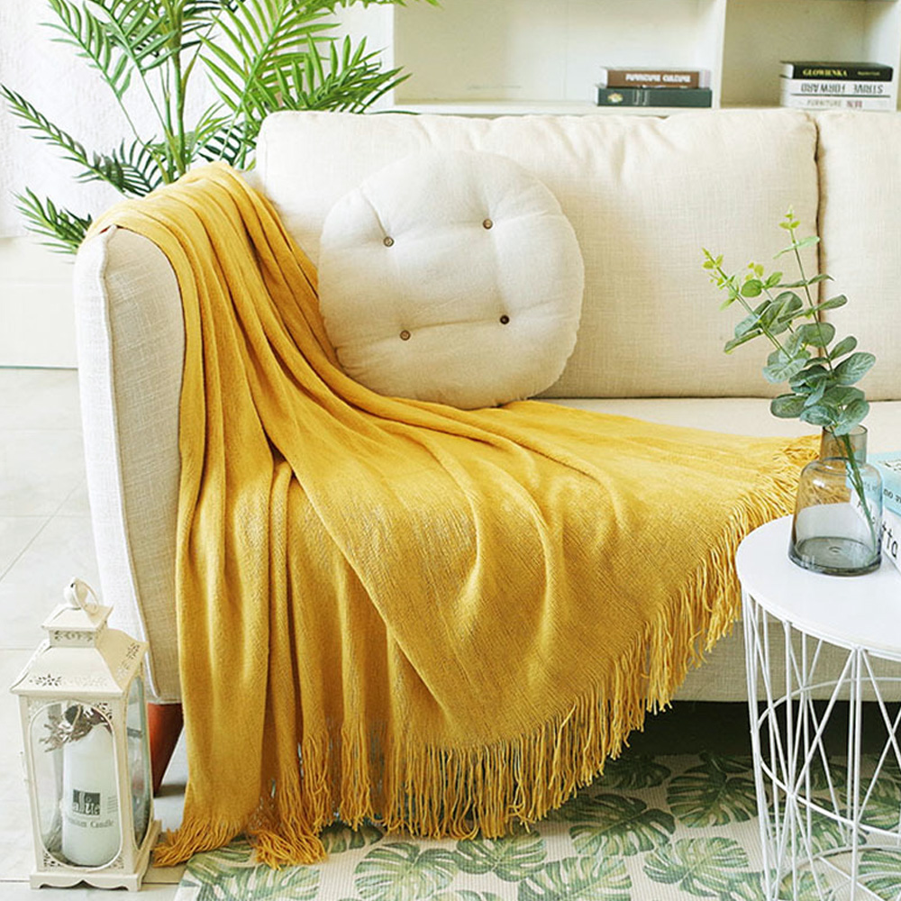 Soga Yellow Acrylic Knitted Throw Blanket Solid Fringed Warm Cozy Woven Cover Couch Bed Sofa Home Decor, Home, Bed Linen, Throws And Blankets, Blankets, ,  - Nz Depot 4