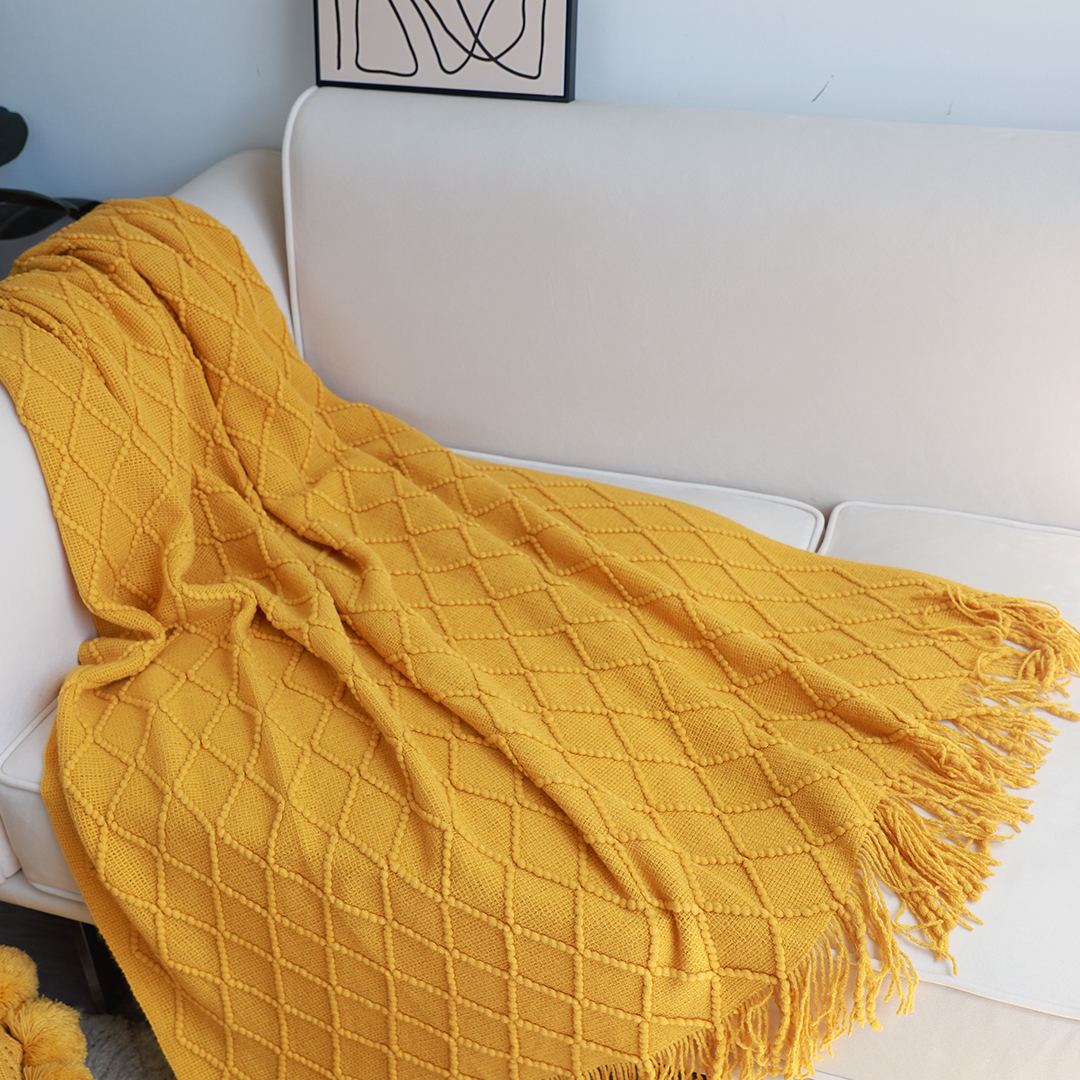 Soga Yellow Diamond Pattern Knitted Throw Blanket Warm Cozy Woven Cover Couch Bed Sofa Home Decor With Tassels, Home, Bed Linen, Throws And Blankets, Blankets, ,  - Nz Depot 9