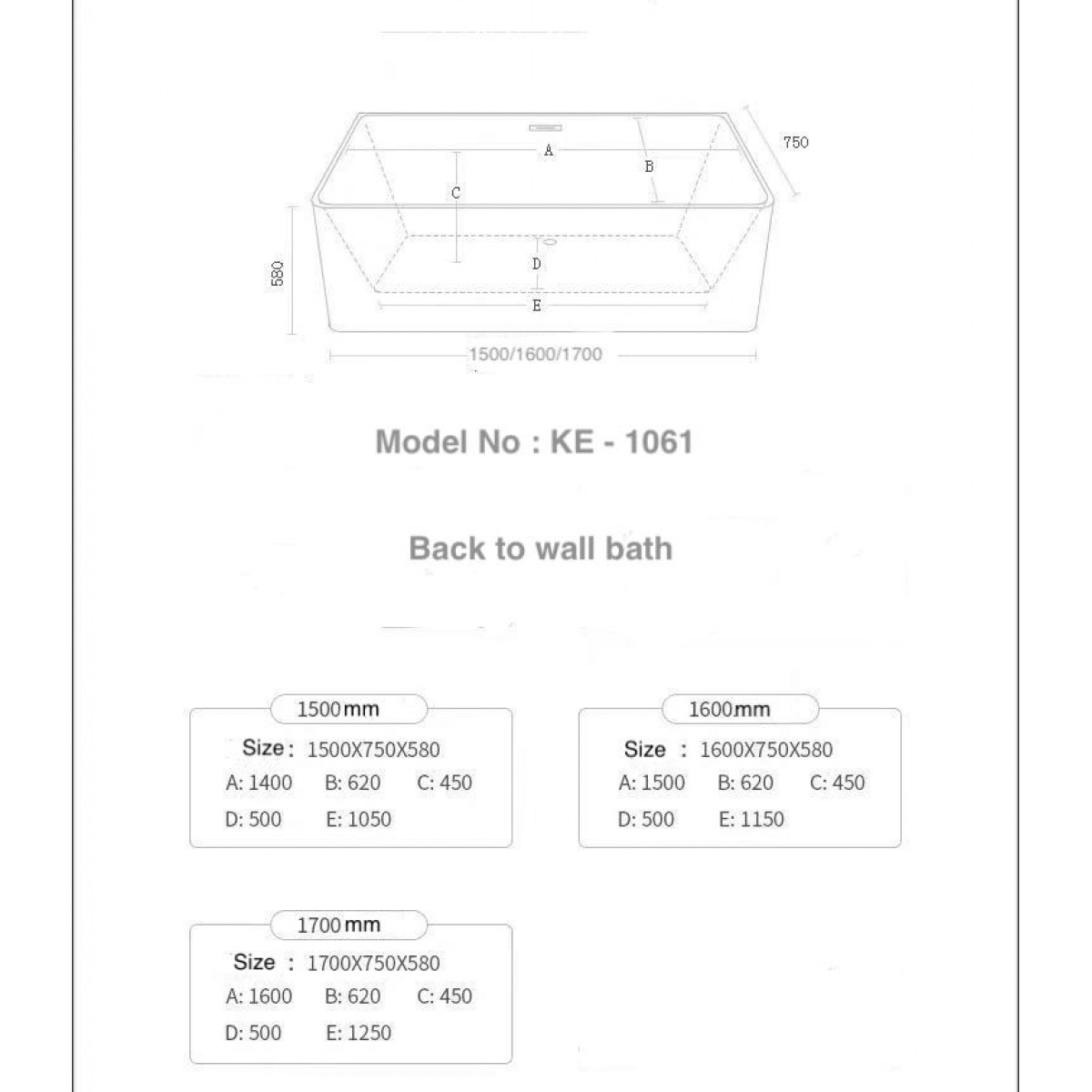 Bath Tub Marino Series 1600X730X600Mm Acrylic Straight Single Square Ended, Freestanding Bath Tub - Nz Depot