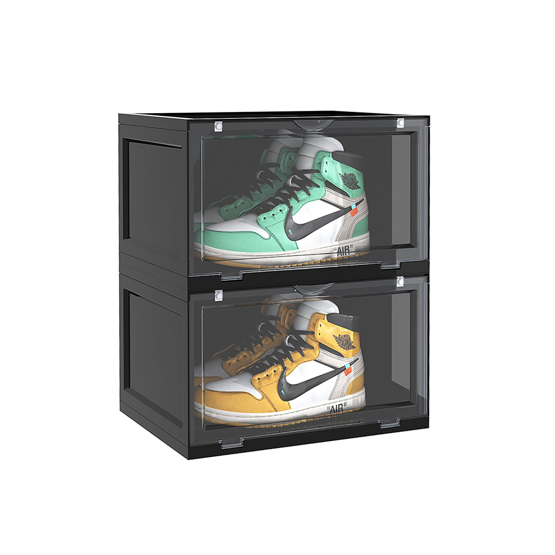 Soga 2 Tier Black Portable Shoe Organiser Sneaker Footwear Folding Plastic Bin Stackable Storage Box With Magnetic Door, Furniture, Storage &Amp; Shelving, Shoe Storage, , ,  - Nz Depot 1