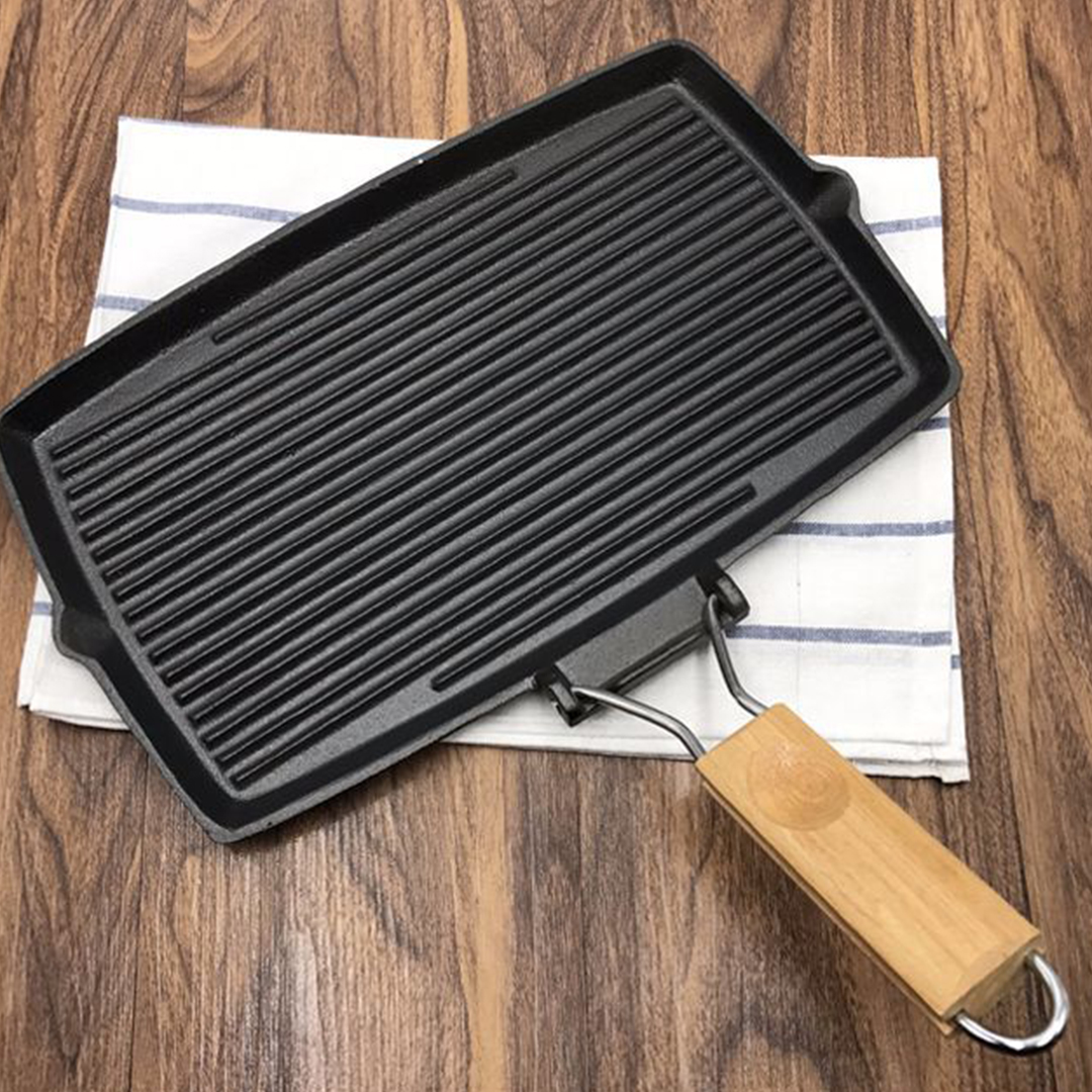 Soga 20.5Cm Rectangular Cast Iron Griddle Grill Frying Pan With Folding Wooden Handle, Home &Amp; Living, Kitchen &Amp; Dining, Cookware, Frying Pans, ,  - Nz Depot 3