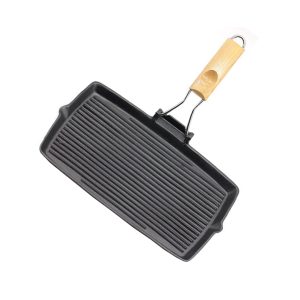 Soga 20.5Cm Rectangular Cast Iron Griddle Grill Frying Pan With Folding Wooden Handle Nz Depot - Nz Depot