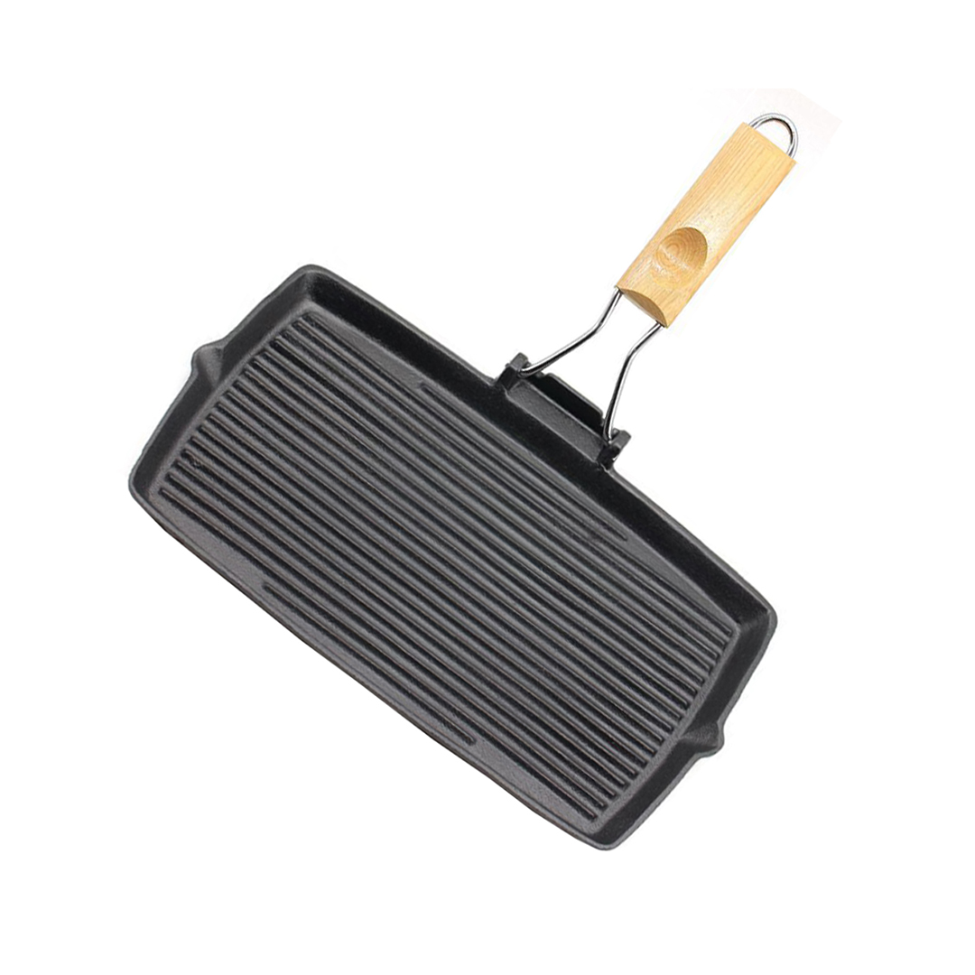 Soga 20.5Cm Rectangular Cast Iron Griddle Grill Frying Pan With Folding Wooden Handle, Home &Amp; Living, Kitchen &Amp; Dining, Cookware, Frying Pans, ,  - Nz Depot 1