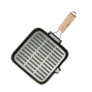 SOGA 24cm Ribbed Cast Iron Square Steak Frying Grill Skillet Pan with Folding Wooden Handle, Home & Living, Kitchen & Dining, Cookware, Frying Pans, ,  - NZ DEPOT 1