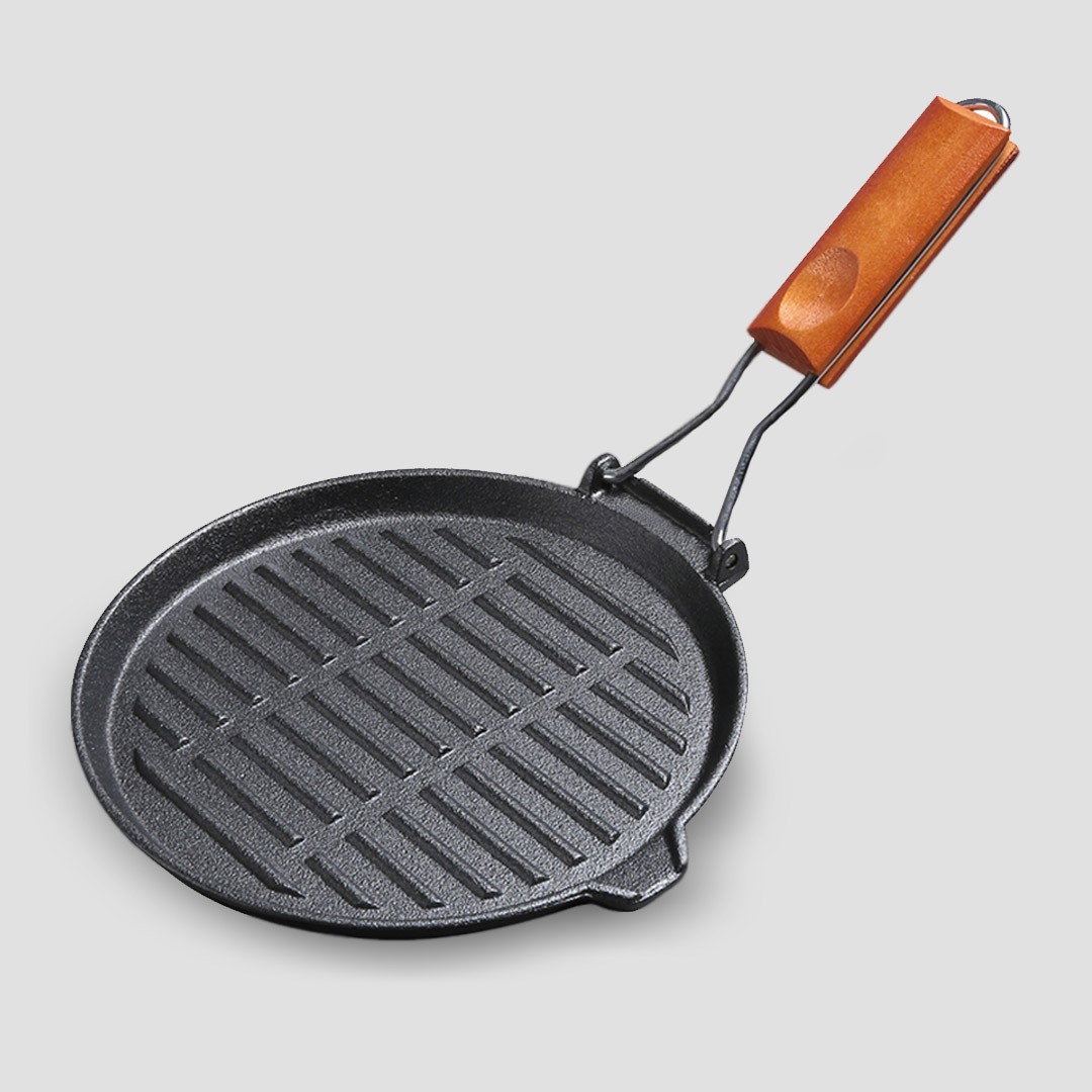 Soga 24Cm Round Ribbed Cast Iron Steak Frying Grill Skillet Pan With Folding Wooden Handle, Home &Amp; Living, Kitchen &Amp; Dining, Cookware, Frying Pans, ,  - Nz Depot 2