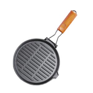 SOGA 24cm Round Ribbed Cast Iron Steak Frying Grill Skillet Pan with Folding Wooden Handle, Home & Living, Kitchen & Dining, Cookware, Frying Pans, ,  - NZ DEPOT 1