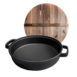 SOGA 29cm Round Cast Iron Pre-seasoned Deep Baking Pizza Frying Pan Skillet with Wooden Lid, Home & Living, Kitchen & Dining, Cookware, Frying Pans, ,  - NZ DEPOT 1