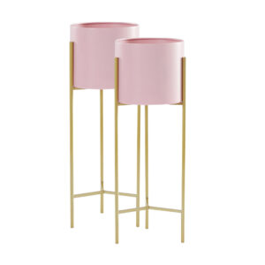 SOGA 2X 2 Layer 60cm Gold Metal Plant Stand with Pink Flower Pot Holder Corner Shelving Rack Indoor Display NZ DEPOT