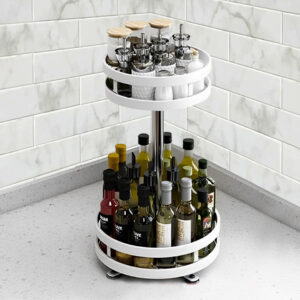 SOGA 2X 2 Tier Steel White Round Rotating Multi-Function Kitchen Portable Storage Spice Seasoning Kitchen Countertop Organiser Shelf, Garden, Tools & Hardware, Garage Storage & Organisation, Utility Shelves, , ,  - NZ DEPOT 2