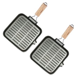 SOGA 2X 24cm Ribbed Cast Iron Square Steak Frying Grill Skillet Pan with Folding Wooden Handle, Home & Living, Kitchen & Dining, Cookware, Frying Pans, ,  - NZ DEPOT 1