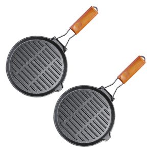 SOGA 2X 24cm Round Ribbed Cast Iron Steak Frying Grill Skillet Pan with Folding Wooden Handle, Home & Living, Kitchen & Dining, Cookware, Frying Pans, ,  - NZ DEPOT 1