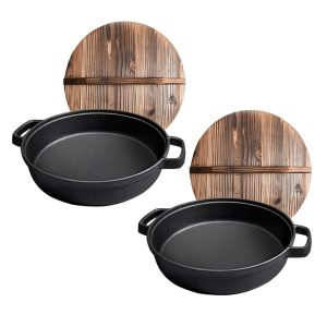 SOGA 2X 29cm Round Cast Iron Pre-seasoned Deep Baking Pizza Frying Pan Skillet with Wooden Lid, Home & Living, Kitchen & Dining, Cookware, Frying Pans, ,  - NZ DEPOT 1