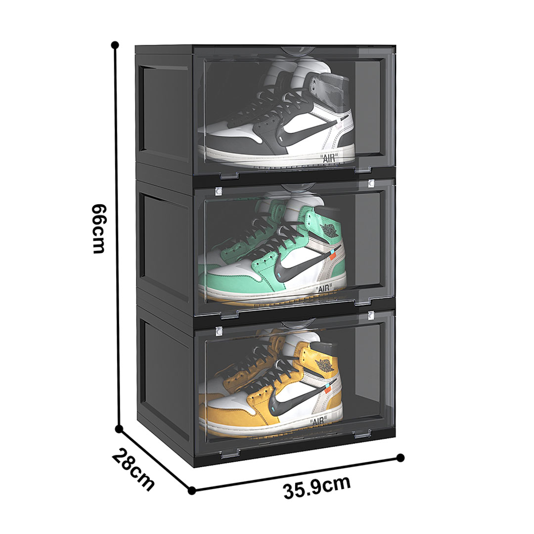 Soga 2X 3 Tier Black Portable Shoe Organiser Sneaker Footwear Folding Plastic Bin Stackable Storage Box With Magnetic Door, Furniture, Storage &Amp; Shelving, Shoe Storage, , ,  - Nz Depot 4