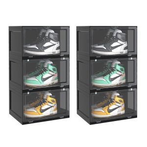 Soga 2X 3 Tier Black Portable Shoe Organiser Sneaker Footwear Folding Plastic Bin Stackable Storage Box With Magnetic Door Nz Depot - Nz Depot