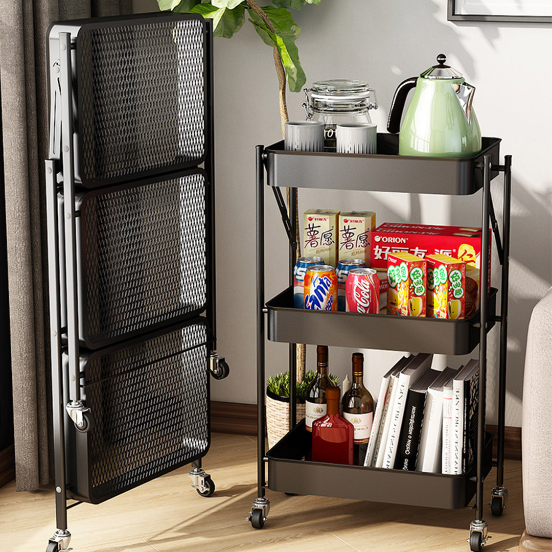 Soga 2X 3 Tier Steel Black Foldable Kitchen Cart Multi-Functional Shelves Portable Storage Organizer With Wheels, Garden, Tools &Amp; Hardware, Garage Storage &Amp; Organisation, Utility Shelves, , ,  - Nz Depot 3