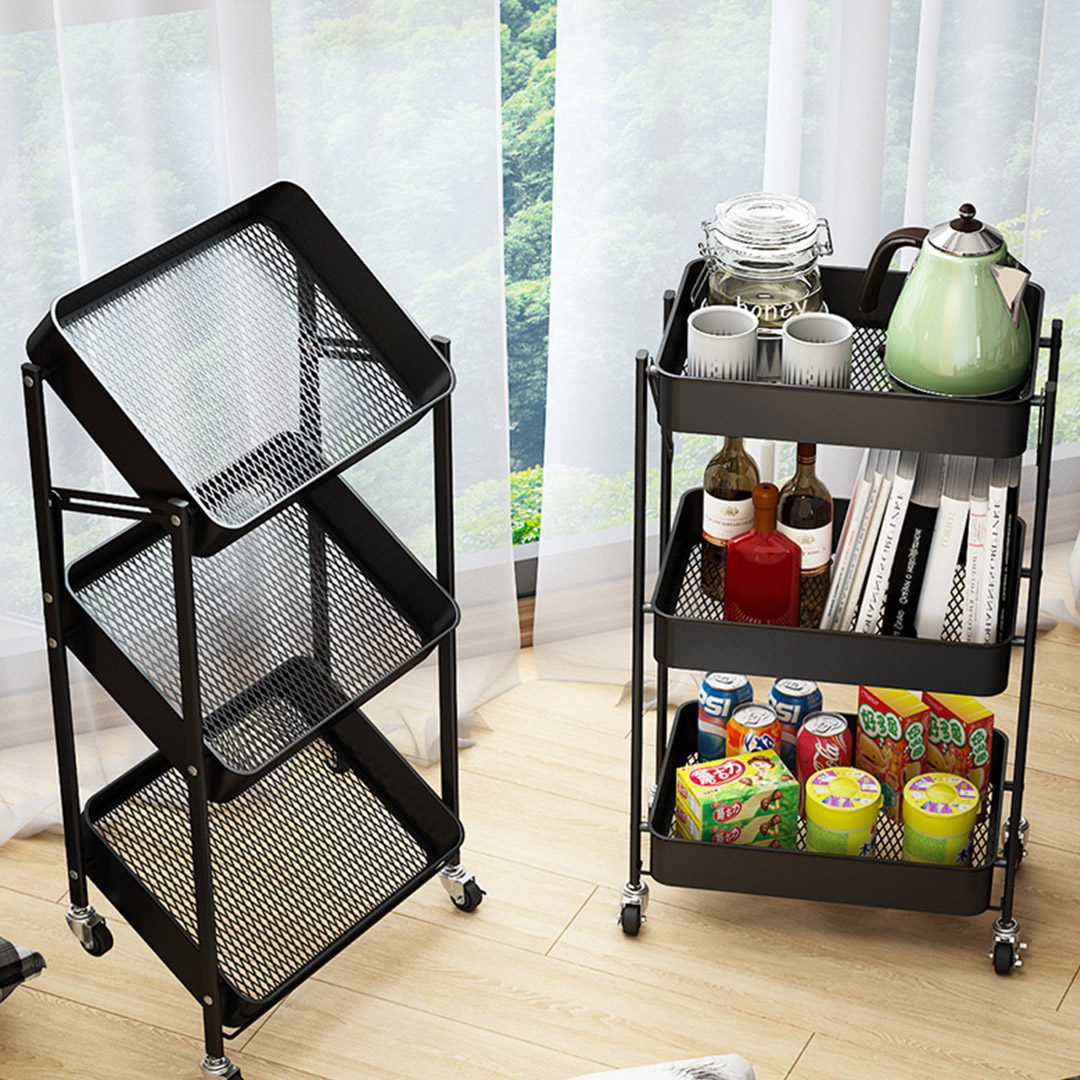 Soga 2X 3 Tier Steel Black Foldable Kitchen Cart Multi-Functional Shelves Portable Storage Organizer With Wheels, Garden, Tools &Amp; Hardware, Garage Storage &Amp; Organisation, Utility Shelves, , ,  - Nz Depot 4