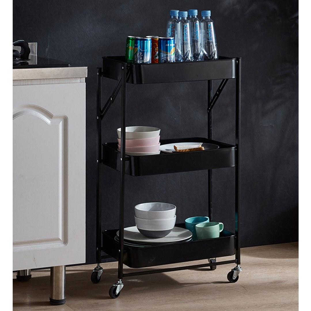 Soga 2X 3 Tier Steel Black Foldable Kitchen Cart Multi-Functional Shelves Portable Storage Organizer With Wheels, Garden, Tools &Amp; Hardware, Garage Storage &Amp; Organisation, Utility Shelves, , ,  - Nz Depot 5