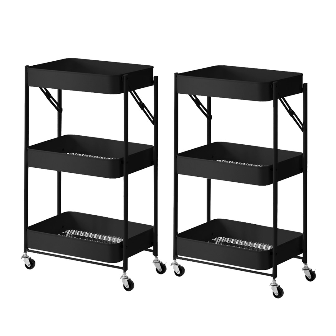 Soga 2X 3 Tier Steel Black Foldable Kitchen Cart Multi-Functional Shelves Portable Storage Organizer With Wheels, Garden, Tools &Amp; Hardware, Garage Storage &Amp; Organisation, Utility Shelves, , ,  - Nz Depot 1