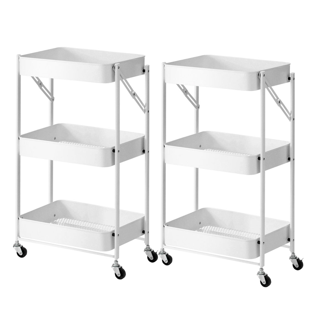 Soga 2X 3 Tier Steel White Foldable Kitchen Cart Multi-Functional Shelves Portable Storage Organizer With Wheels, Garden, Tools &Amp; Hardware, Garage Storage &Amp; Organisation, Utility Shelves, , ,  - Nz Depot 1