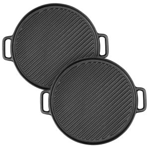 SOGA 2X 30cm Round Cast Iron Ribbed BBQ Pan Skillet Steak Sizzle Platter with Handle, Home & Living, Kitchen & Dining, Cookware, Frying Pans, ,  - NZ DEPOT 1