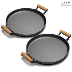 SOGA 2X 31cm Cast Iron Frying Pan Skillet Steak Sizzle Fry Platter With Wooden Handle No Lid, Home & Living, Kitchen & Dining, Cookware, Frying Pans, ,  - NZ DEPOT 1