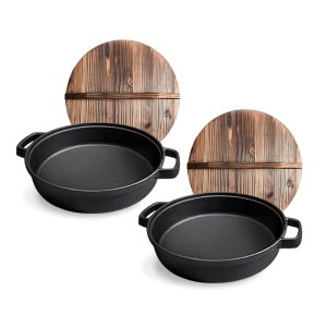 SOGA 2X 33cm Round Cast Iron Pre-seasoned Deep Baking Pizza Frying Pan Skillet with Wooden Lid, Home & Living, Kitchen & Dining, Cookware, Frying Pans, ,  - NZ DEPOT 1