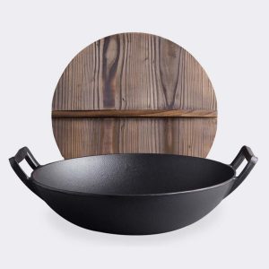 SOGA 2X 36CM Commercial Cast Iron Wok FryPan with Wooden Lid Fry Pan, Home & Living, Kitchen & Dining, Cookware, Frying Pans, ,  - NZ DEPOT 2