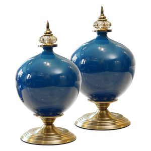 SOGA 2X 38cm Ceramic Oval Flower Vase with Gold Metal Base Dark Blue, Home & Living, Home Decor, Vases, , ,  - NZ DEPOT 1