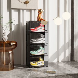 SOGA 2X 4 Tier Black Portable Shoe Organiser Sneaker Footwear Folding Plastic Bin Stackable Storage Box with Magnetic Door, Furniture, Storage & Shelving, Shoe Storage, , ,  - NZ DEPOT 2