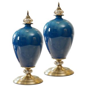 SOGA 2X 42cm Ceramic Oval Flower Vase with Gold Metal Base Dark Blue, Home & Living, Home Decor, Vases, , ,  - NZ DEPOT 1