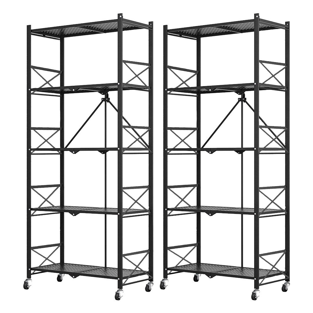 Soga 2X 5 Tier Steel Black Foldable Display Stand Multi-Functional Shelves Portable Storage Organizer With Wheels, Garden, Tools &Amp; Hardware, Garage Storage &Amp; Organisation, Utility Shelves, , ,  - Nz Depot 1