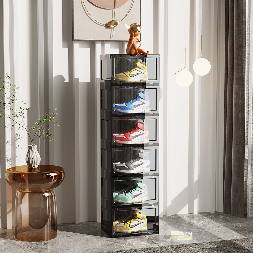 Soga 2X 6 Tier Black Portable Shoe Organiser Sneaker Footwear Folding Plastic Bin Stackable Storage Box With Magnetic Door, Furniture, Storage &Amp; Shelving, Shoe Storage, , ,  - Nz Depot 2