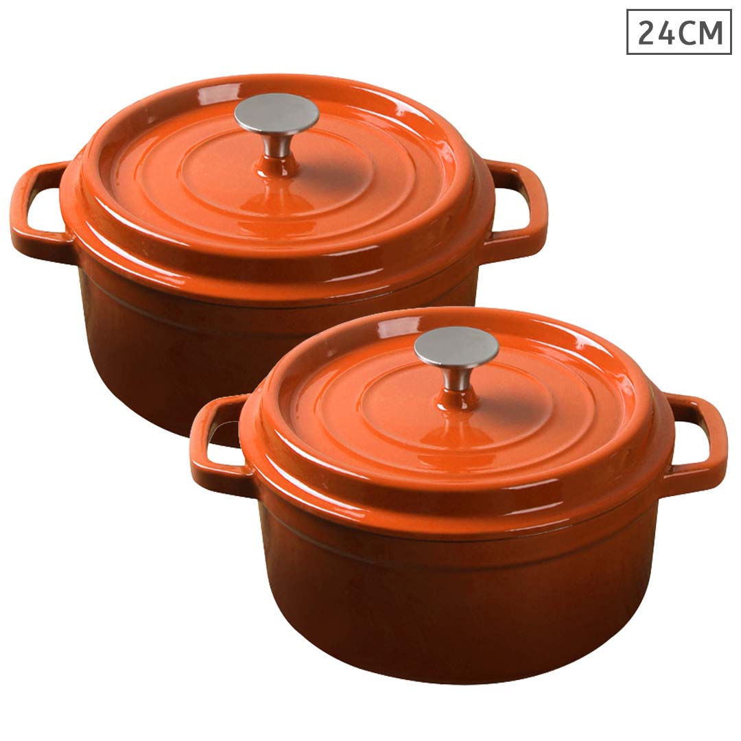 SOGA 2X Cast Iron 24cm Enamel Porcelain Stewpot Casserole Stew Cooking Pot With Lid Orange, Home & Living, Kitchen & Dining, Cookware, Casserole Dishes, ,  - NZ DEPOT 1