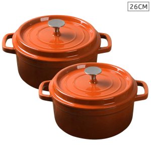 SOGA 2X Cast Iron 26cm Enamel Porcelain Stewpot Casserole Stew Cooking Pot With Lid Orange, Home & Living, Kitchen & Dining, Cookware, Casserole Dishes, ,  - NZ DEPOT 1