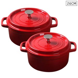 SOGA 2X Cast Iron 26cm Enamel Porcelain Stewpot Casserole Stew Cooking Pot With Lid Red, Home & Living, Kitchen & Dining, Cookware, Casserole Dishes, ,  - NZ DEPOT 1