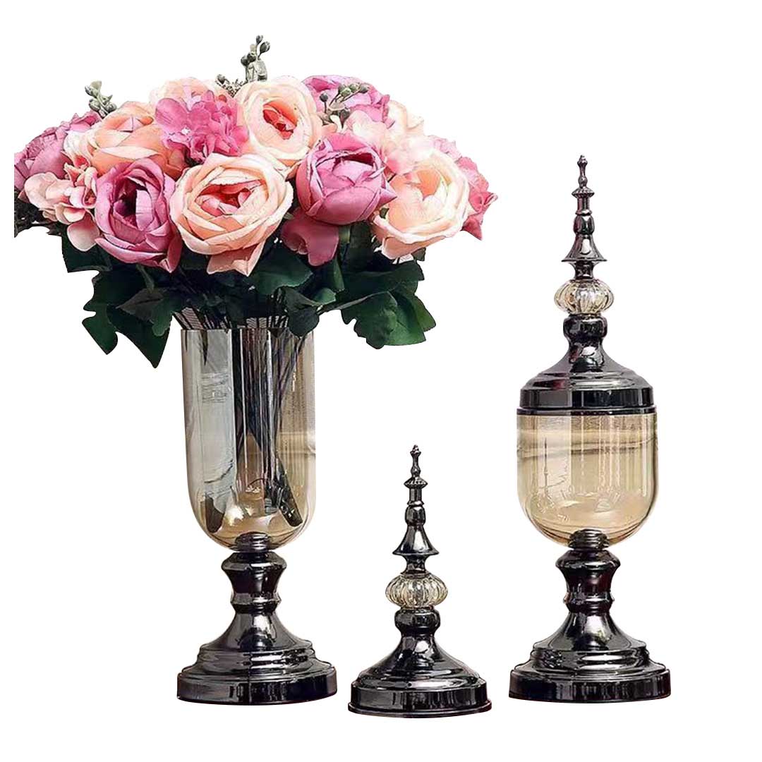 Soga 2X Clear Glass Flower Vase With Lid And Pink Flower Filler Vase Black Set, Home &Amp; Living, Home Decor, Vases, , ,  - Nz Depot 1