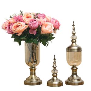 SOGA 2X Clear Glass Flower Vase with Lid and Pink Flower Filler Vase Bronze Set, Home & Living, Home Decor, Vases, , ,  - NZ DEPOT 1