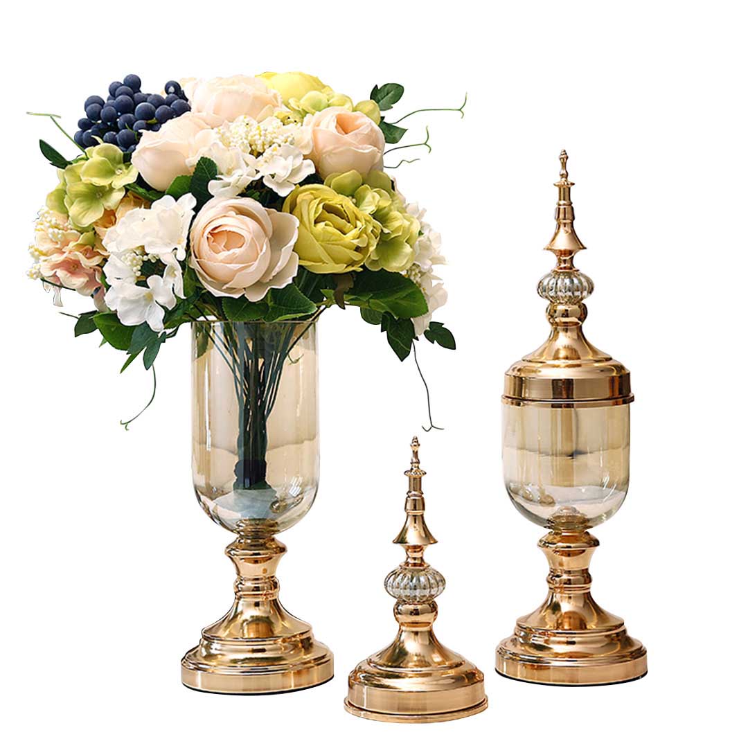 SOGA 2X Clear Glass Flower Vase with Lid and White Flower Filler Vase Gold Set - NZ DEPOT