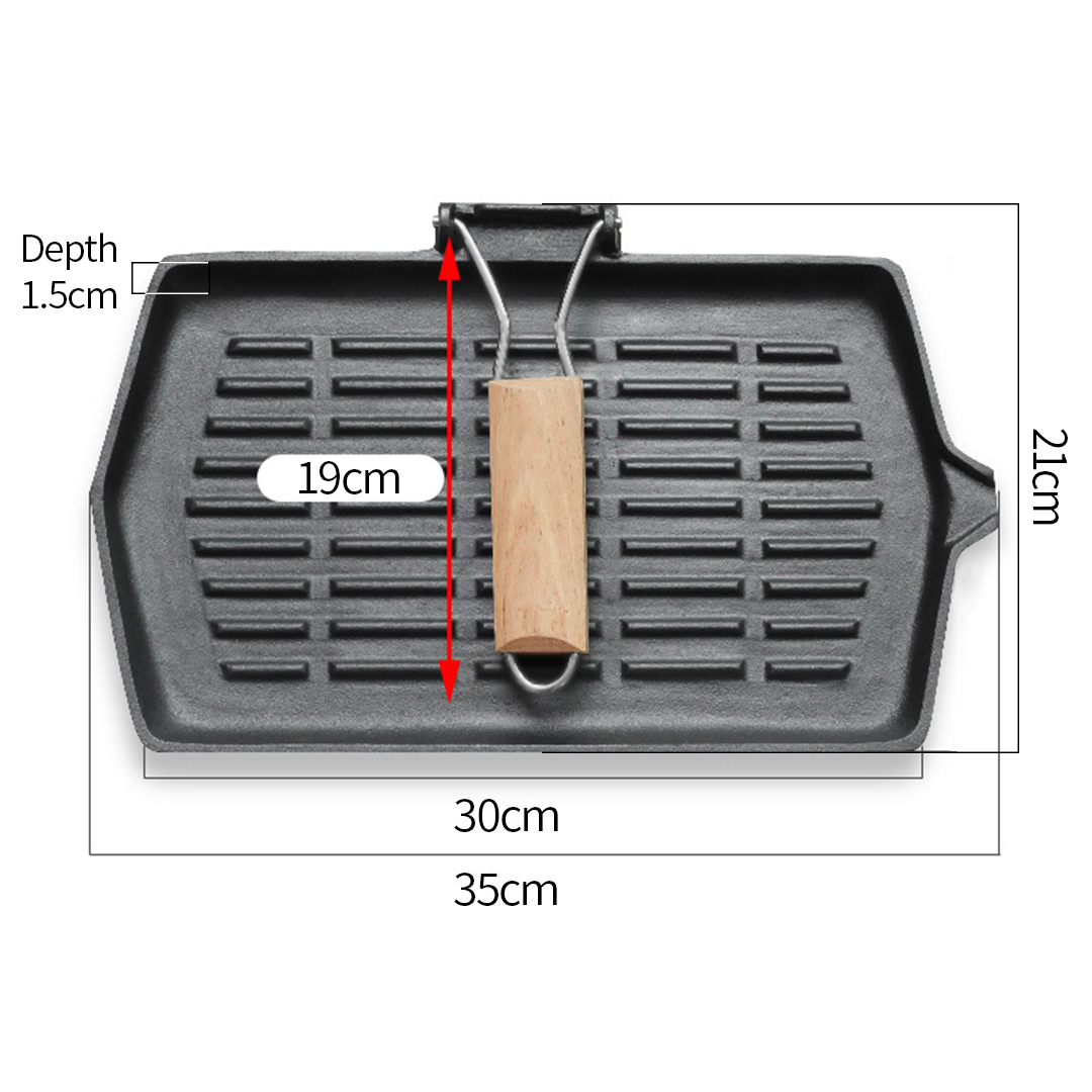 Soga 2X Rectangular Cast Iron Griddle Grill Frying Pan With Folding Wooden Handle, Home &Amp; Living, Kitchen &Amp; Dining, Cookware, Frying Pans, ,  - Nz Depot 2