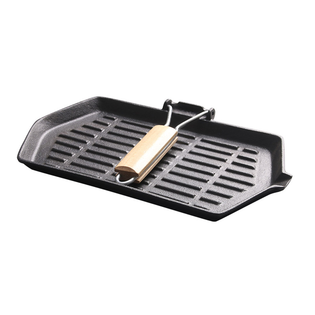 Soga 2X Rectangular Cast Iron Griddle Grill Frying Pan With Folding Wooden Handle, Home &Amp; Living, Kitchen &Amp; Dining, Cookware, Frying Pans, ,  - Nz Depot 3