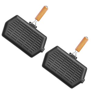 SOGA 2X Rectangular Cast Iron Griddle Grill Frying Pan with Folding Wooden Handle, Home & Living, Kitchen & Dining, Cookware, Frying Pans, ,  - NZ DEPOT 1