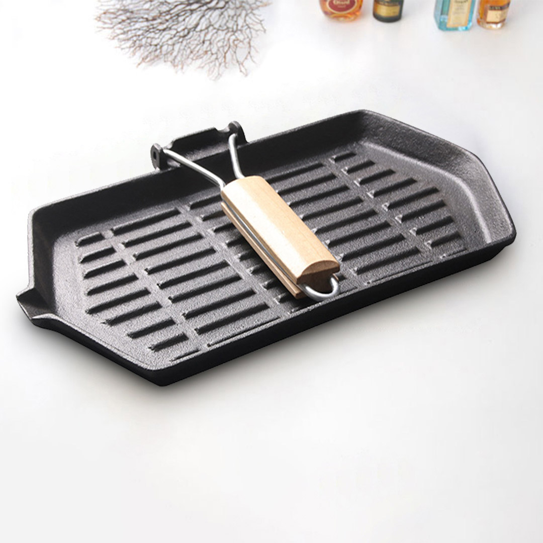 Soga 2X Rectangular Cast Iron Griddle Grill Frying Pan With Folding Wooden Handle, Home &Amp; Living, Kitchen &Amp; Dining, Cookware, Frying Pans, ,  - Nz Depot 6