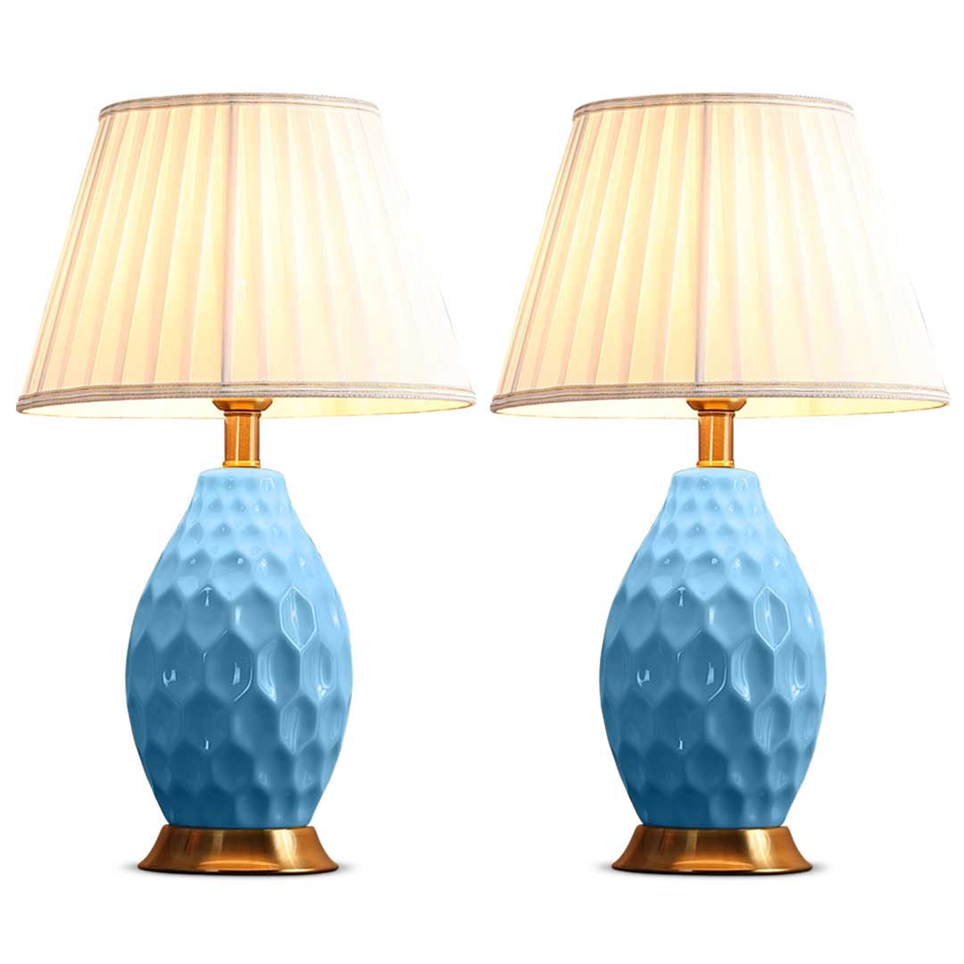 Soga 2X Textured Ceramic Oval Table Lamp With Gold Metal Base Blue, Home &Amp; Living, Lighting, Indoor Lights, Lamps, Table Lamps,  - Nz Depot 1