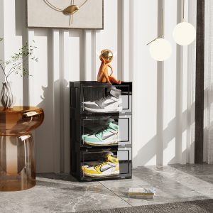 SOGA 3 Tier Black Portable Shoe Organiser Sneaker Footwear Folding Plastic Bin Stackable Storage Box with Magnet Doors, Furniture, Storage & Shelving, Shoe Storage, , ,  - NZ DEPOT 2