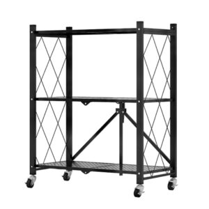 SOGA 3 Tier Steel Black Foldable Kitchen Cart Multi-Functional Shelves Portable Storage Organizer with Wheels, Garden, Tools & Hardware, Garage Storage & Organisation, Utility Shelves, , ,  - NZ DEPOT 1