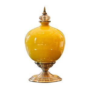 SOGA 38.50cm Ceramic Oval Flower Vase with Gold Metal Base Yellow, Home & Living, Home Decor, Vases, , ,  - NZ DEPOT 1