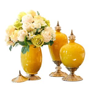 SOGA 3X Ceramic Oval Flower Vase with White Flower Set Yellow, Home & Living, Home Decor, Vases, , ,  - NZ DEPOT 1