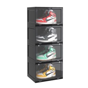 Soga 4 Tier Black Portable Shoe Organiser Sneaker Footwear Folding Plastic Bin Stackable Storage Box With Magnetic Door Nz Depot - Nz Depot