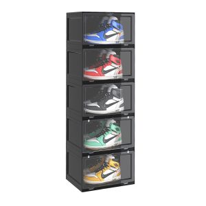 SOGA 5 Tier Black Portable Shoe Organiser Sneaker Footwear Folding Plastic Bin Stackable Storage Box with Magnetic Door, Furniture, Storage & Shelving, Shoe Storage, , ,  - NZ DEPOT 1